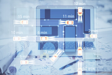 Fototapeta premium Desktop computer background in office with automobile hologram drawing. Multi exposure. Tech concept.