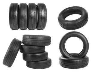 Set with car tires on white background