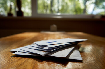 Envelopes on the wooden table during sunny day