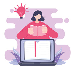 online training, woman using laptop and reading book, education and courses learning digital