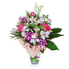 Beautiful bouquet of bright flowers in vase isolated on white
