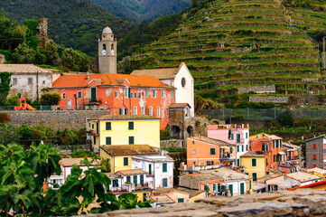 Fototapeta na wymiar It's Church in Vernazza (Vulnetia), a small town in province of La Spezia, Liguria, Italy. It's one of the lands of Cinque Terre, UNESCO World Heritage Site