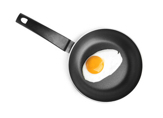 Tasty cooked egg in frying pan isolated on white, top view