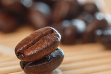 Dark roasted coffee beans    ,close up
