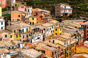 Fototapeta na wymiar It's Panorama of Vernazza (Vulnetia), a small town in province of La Spezia, Liguria, Italy. It's one of the lands of Cinque Terre, UNESCO World Heritage Site