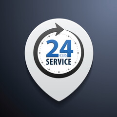 Service and support for customers around the clock or 24 hours a day and 7 days a week symbol on map pin icon isolated on white background. Vector illustration