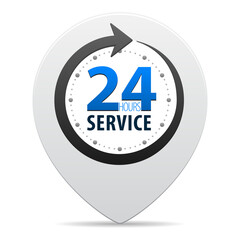 Service and support for customers around the clock or 24 hours a day and 7 days a week symbol on map pin icon isolated on white background. Vector illustration