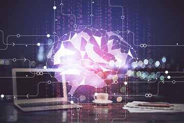 Multi exposure of work table with computer and brain hologram. Brainstorm concept.