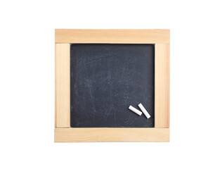 Empty blackboard with chalk isolated on white, top view. Space for text