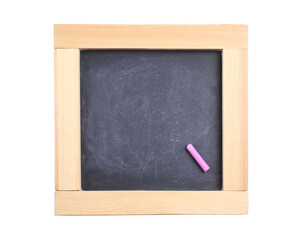 Empty blackboard with chalk isolated on white, top view. Space for text