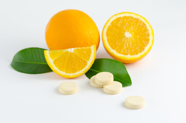 Multivitamin effervescent tablet pills. Vitamin C soluble pills. Fizzy Vitamin C for Drink