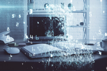 Technology theme drawing and table with computer. Multi exposure. Concept of information.