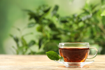 Cup of black tea on wooden table against blurred background. Space for text