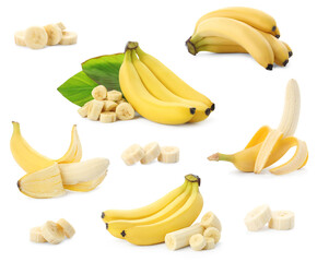 Set with delicious bananas on white background