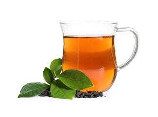 Tasty black tea with fresh and dry leaves on white background