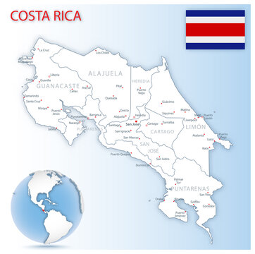 Detailed map of Costa Rica administrative divisions with country flag and location on the globe.