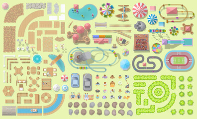 Set of landscape elements. Amusement park. Top view. Fences, paths, lights, furniture, trees, attractions, tents, construction. View from above.
