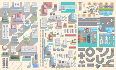 Set of landscape elements. City, manufacturing, energy, transport. Top view. Houses, factories, power generators, road, railway, airport, port. (View from above)