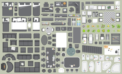 Fototapeta na wymiar Icons set of interior. Furniture top view. Elements for the floor plan. (view from above). Furniture and elements for living room, bedroom, kitchen, bathroom, office.