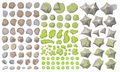 Set of landscape elements. (top view) Mountains, hills, rocks, stones, bushes, trees.(view from above)