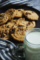 Chocolate chips cookie and milk.