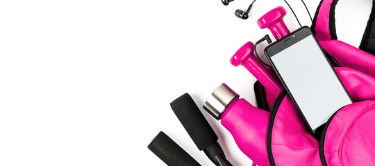 Pink sports bag,  accessories and mock-up smartphone on white background