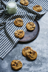 Chocolate chips cookie and milk on cement background.