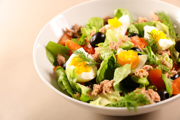 vegetable salad with egg, tomato, tuna, olive