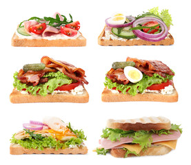 Set of toasted bread with different toppings on white background
