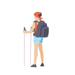 Girl with hiking backpack and trekking sticks stands with his back. Young woman explorer or traveller in sportswear. Adventure tourism, travel and discovery flat vector illustration.