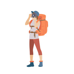 Girl with hiking backpack and photo camera. Young woman explorer or traveller in sportswear. Adventure tourism, travel and discovery flat vector illustration.