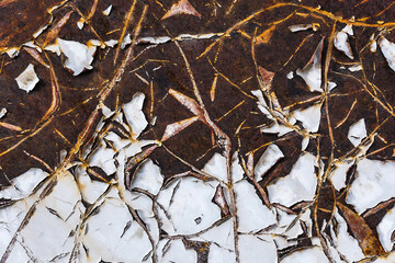 The texture of a rusty sheet of iron with peeled paint