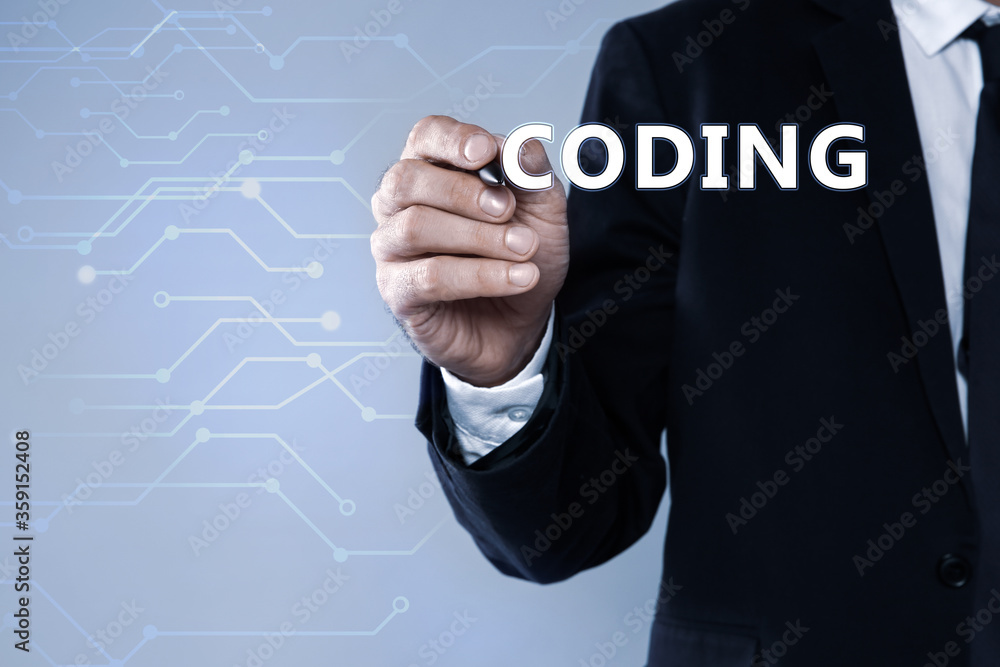 Poster businessman pointing at word coding on virtual screen, closeup