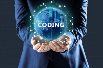 Businessman demonstrating virtual image of globe, closeup. Coding and programming