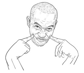 Drawing funny portrait of a man, poitning finger to his face. Vector illustration.