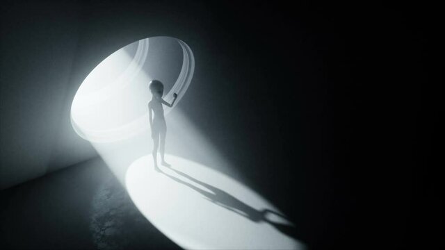 Alien in Futuristic room with round window. Volumetric light. Future ufo concept. Realistic 4k animation.