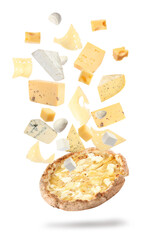 Delicious pizza with flying ingredients on white background