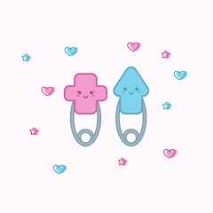 Two cute safety pins with the symbol of a man and woman who love each other. Vector illustration