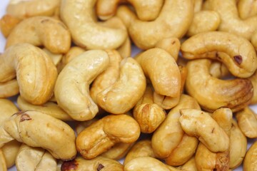 Close up of cashew nuts with white backgorund.