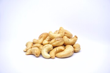 Close up of cashew nuts with white backgorund.