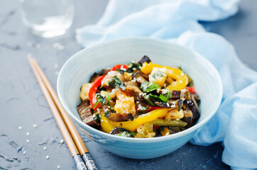 Thai Basil Bell pepper eggplants on a stone background