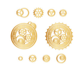 Set of different golden cogwheel and clocks with gears on a white background. Mechanism. Steampunk. Vector template, design elements for a stylish holiday greeting card, signage, labels, emblem, print