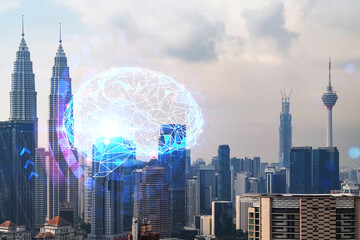 Brain hologram over panorama city view of Kuala Lumpur. KL is the largest science hub in Malaysia, Asia. The concept of developing coding and high-tech science. Double exposure.