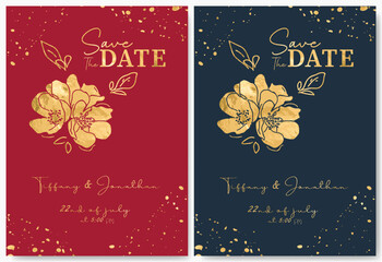 Wedding floral golden invitation card envelope save the date minimalist design gold splatters. botanical elegant decorative vector template