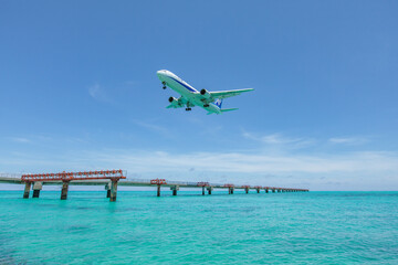 Obraz na płótnie Canvas Landing airplane on emelardgreen ocean in summer