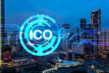 Initial coin offering hologram, night panorama city view of Kuala Lumpur. KL is the center of cryptocurrency projects in Malaysia, Asia. The concept of widespread ICO hysteria. Double exposure.