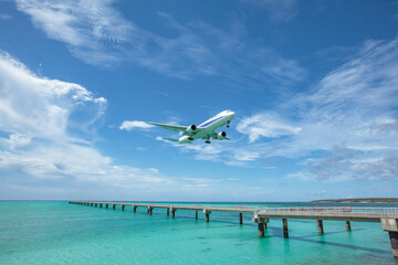 Landing airplane on emelardgreen ocean in summer - obrazy, fototapety, plakaty