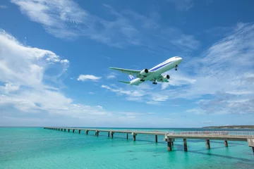 Fotobehang Landing airplane on emelardgreen ocean in summer © occhi244
