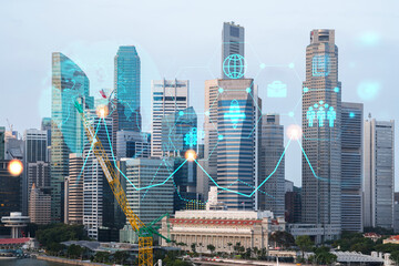 Research and development hologram over panorama city view of Singapore, hub of new technologies to...