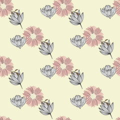 Simple cute lotus floral bouquet vector pattern with small and medium flowers and leaves.